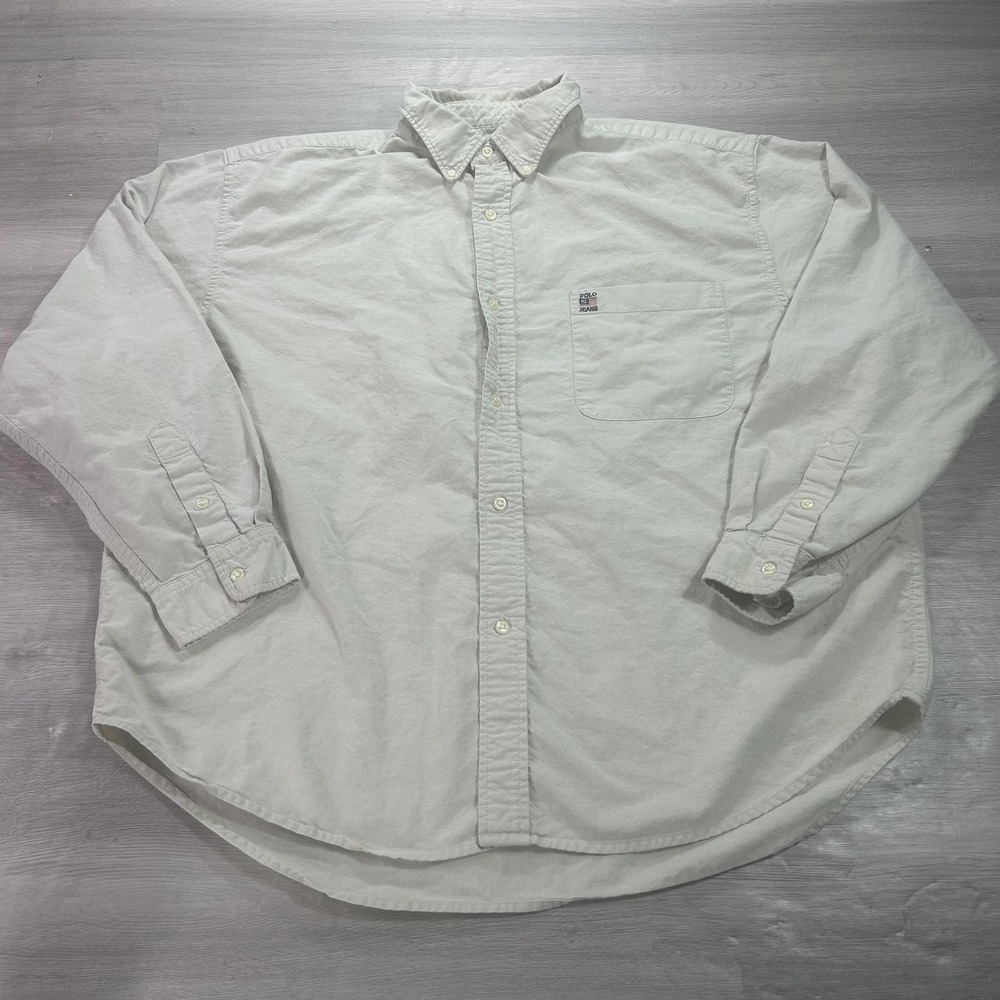 Ralph Lauren Jeans Co Shirt Mens Large Beige Long Sleeve Button Down Casual